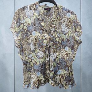 Clothing Co by Notations Paisley Blouse Womens XL Ruffle Neckline Crinkle Fabric